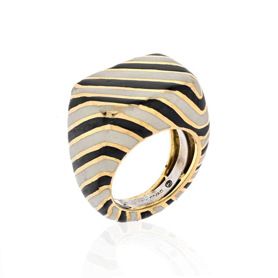 David Webb Platinum & 18K Yellow Gold Crosswalk Black And White Enamel Ring - The Back Vault