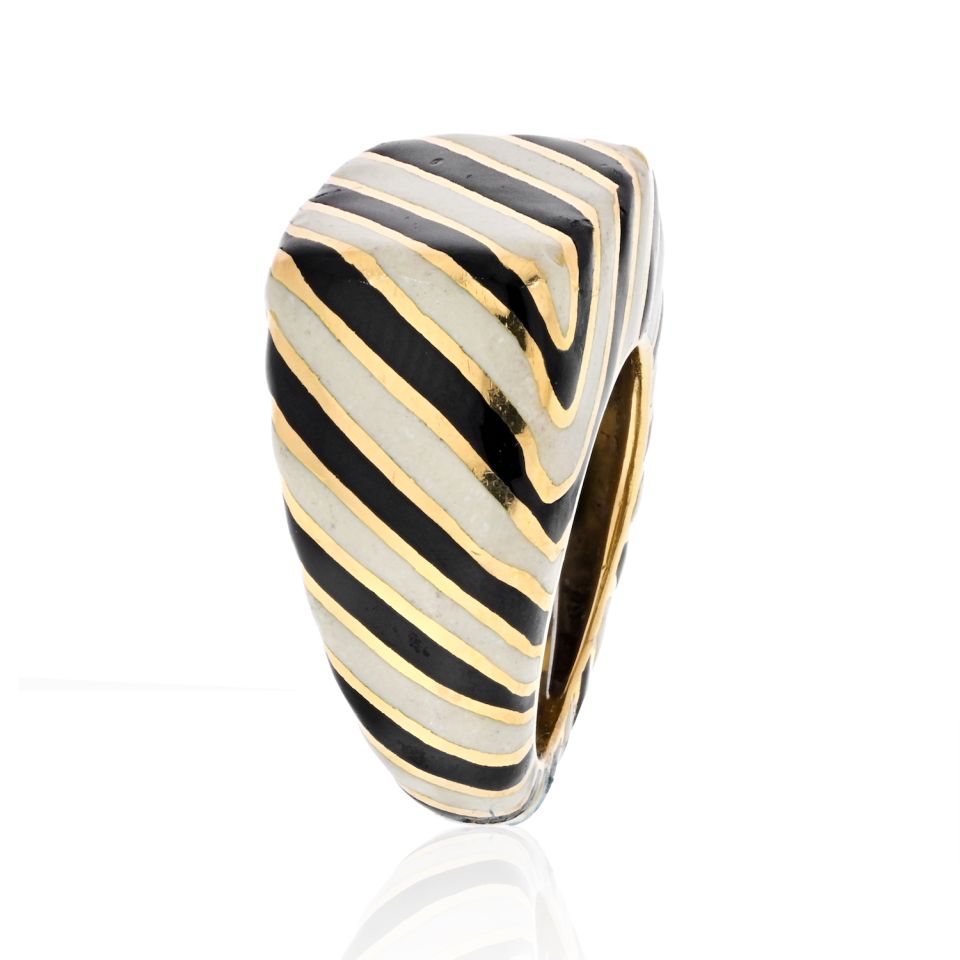 David Webb Platinum & 18K Yellow Gold Crosswalk Black And White Enamel Ring - The Back Vault