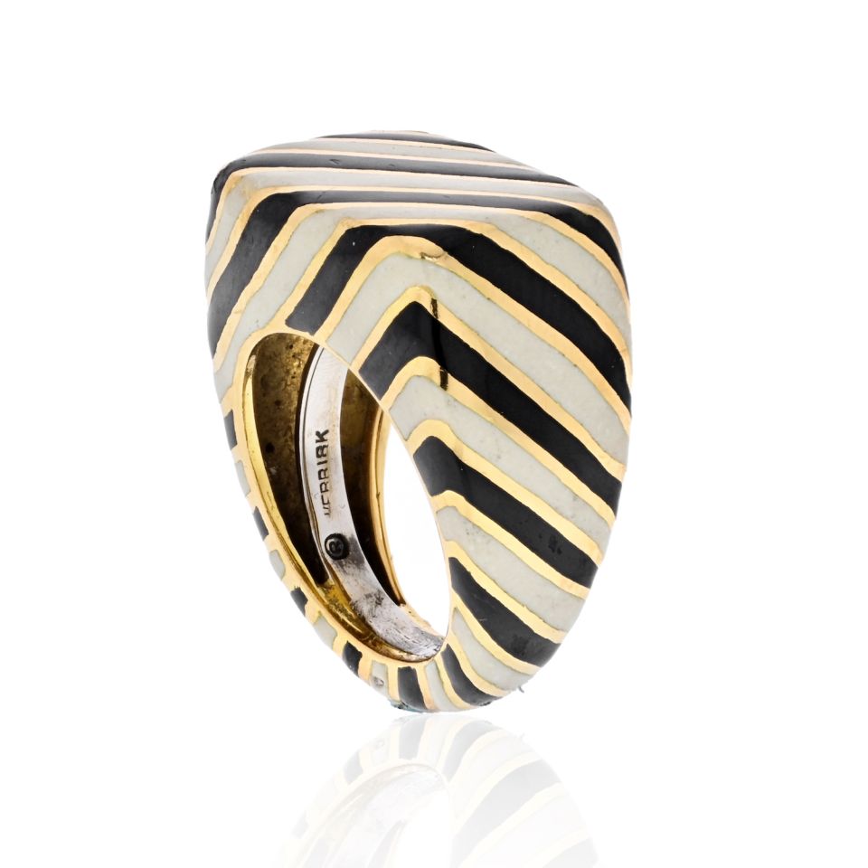 David Webb Platinum & 18K Yellow Gold Crosswalk Black And White Enamel Ring - The Back Vault