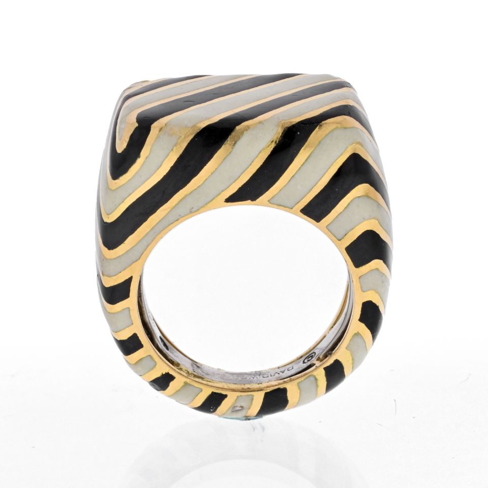 David Webb Platinum & 18K Yellow Gold Crosswalk Black And White Enamel Ring - The Back Vault