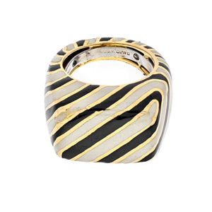 David Webb Platinum & 18K Yellow Gold Crosswalk Black And White Enamel Ring