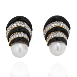 18K Yellow Gold White Pearl, Black Enamel, White Diamonds Earrings