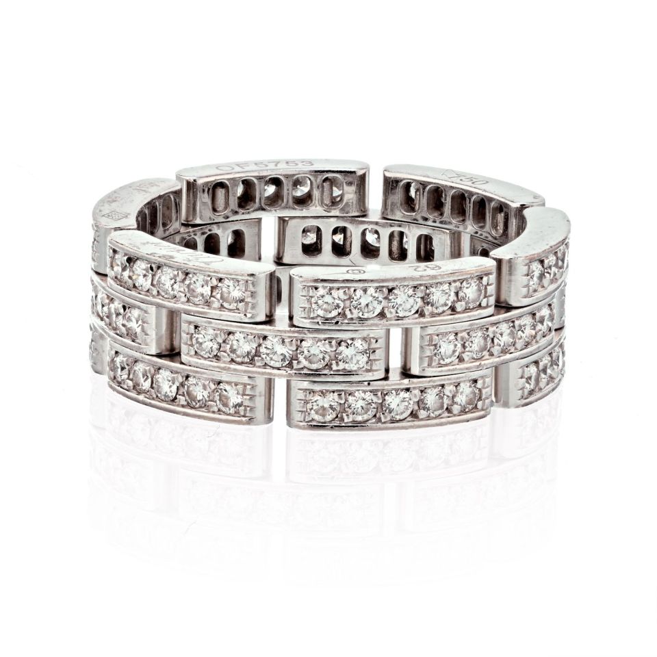 Cartier 18K White Gold Maillon Panthere Three Diamond Row Ring - The Back Vault