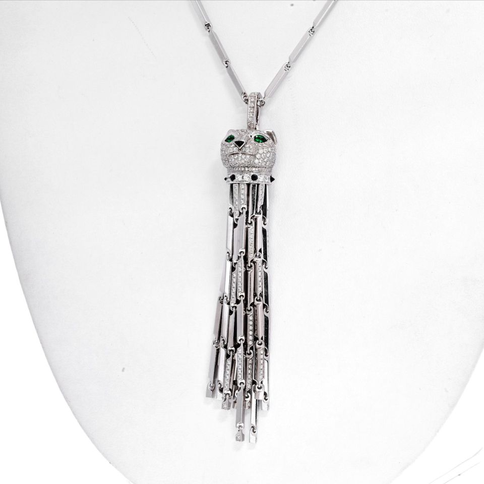 Cartier 18K White Gold Diamond Panthere Tassel Pendant On A Cartier Chain Necklace - The Back Vault