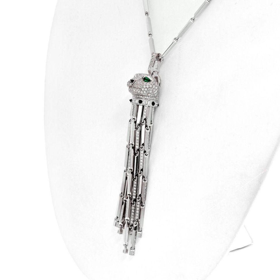 Cartier 18K White Gold Diamond Panthere Tassel Pendant On A Cartier Chain Necklace - The Back Vault