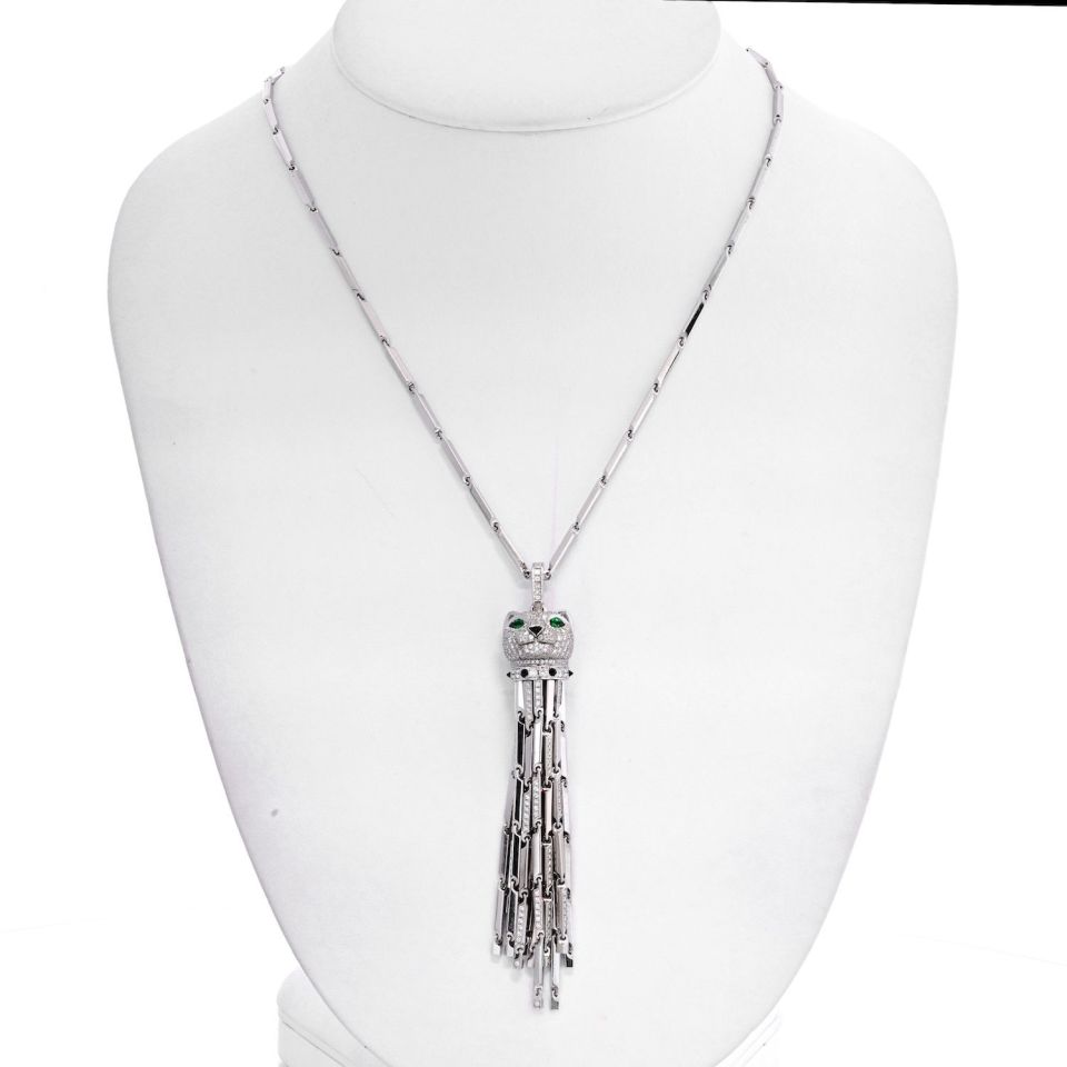 Cartier 18K White Gold Diamond Panthere Tassel Pendant On A Cartier Chain Necklace - The Back Vault