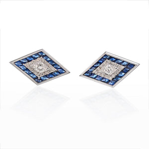 Lucien Piccard 14K White Gold Diamond And Sapphire Rhombus Shape Cuff Links