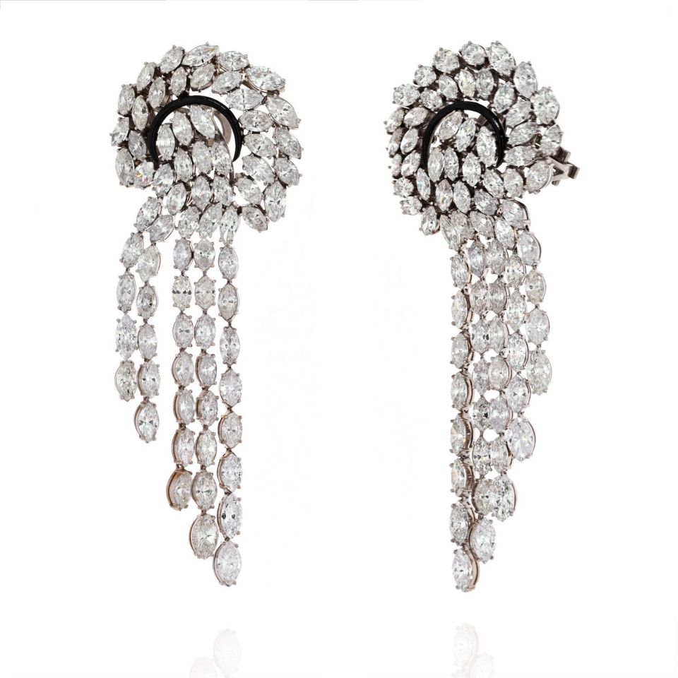 52 Carat Elaborate Diamond Waterfall Cascading Marquise Cut Earrings - The Back Vault