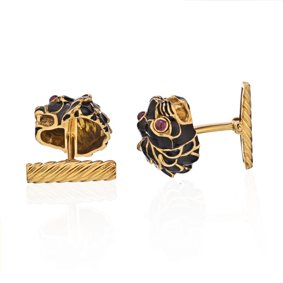 David Webb Black Enamel Lion Head With Ruby Eyes Cuff Links - The Back Vault