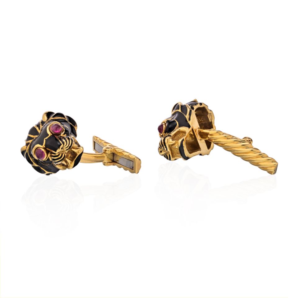 David Webb Black Enamel Lion Head With Ruby Eyes Cuff Links - The Back Vault