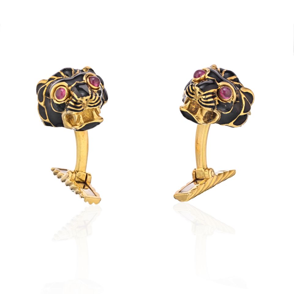 David Webb Black Enamel Lion Head With Ruby Eyes Cuff Links - The Back Vault