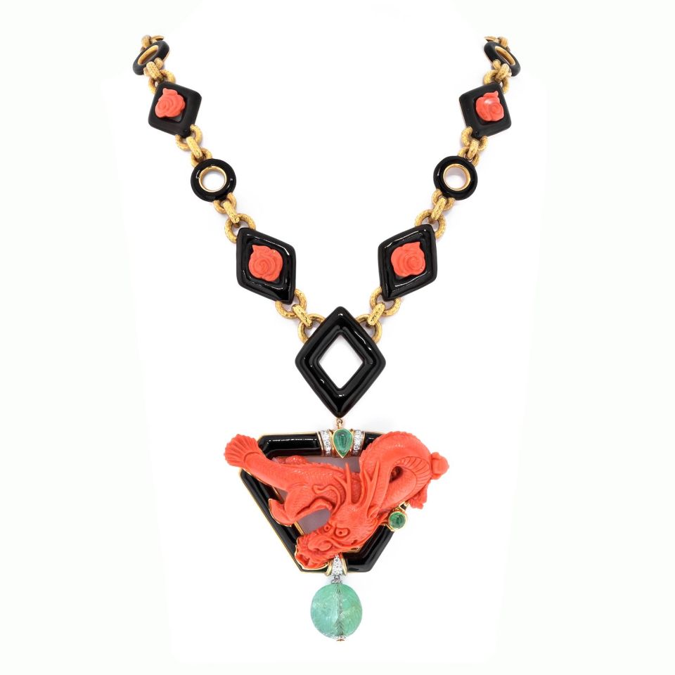 David Webb Platinum & 18K Yellow Gold Coral Dragon Carved Green Emerald Necklace - The Back Vault