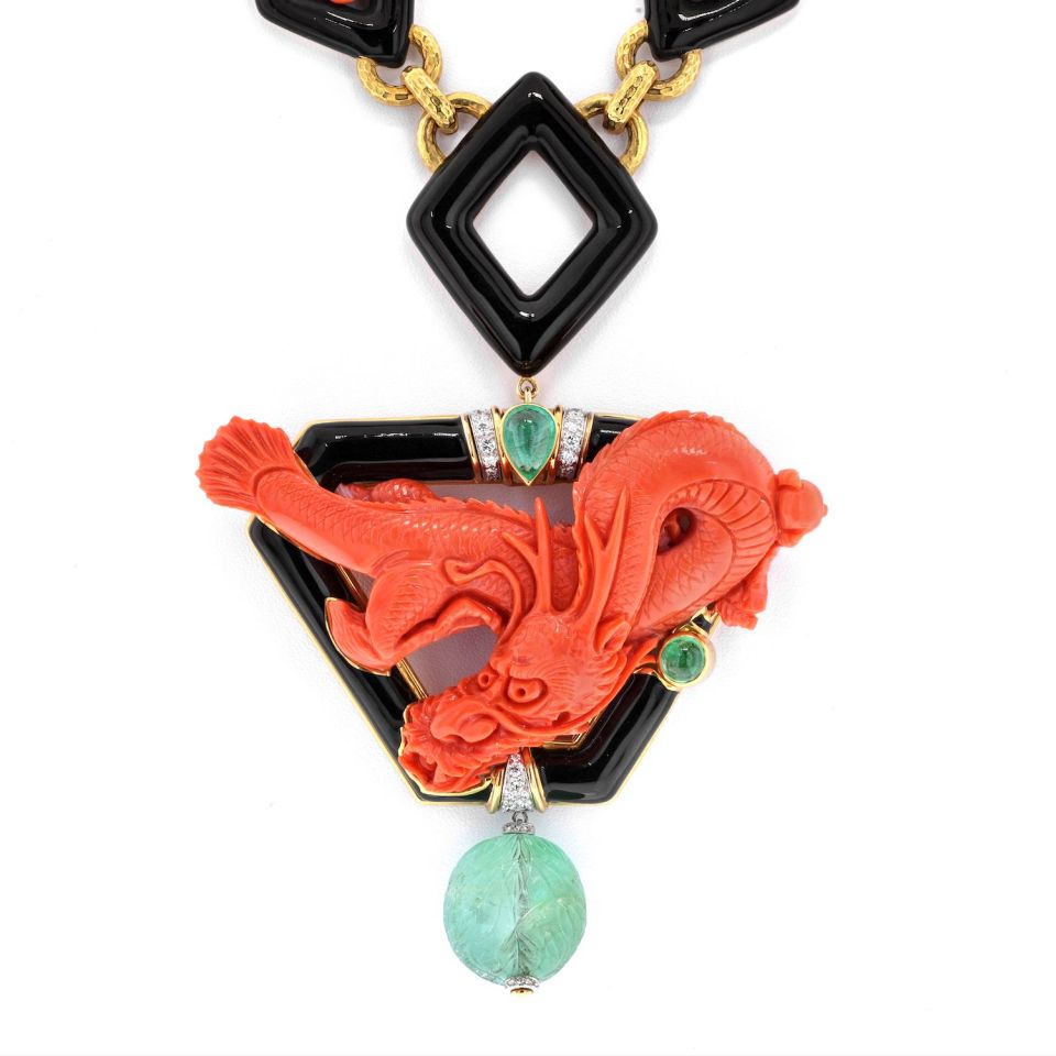 David Webb Platinum & 18K Yellow Gold Coral Dragon Carved Green Emerald Necklace - The Back Vault