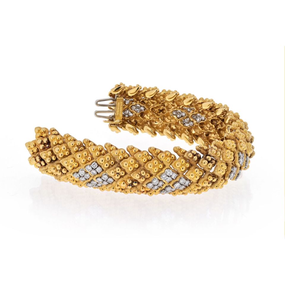 David Webb Platinum & 18K Yellow Gold Warty Textured Diamond Sections Wide Bracelet - The Back Vault