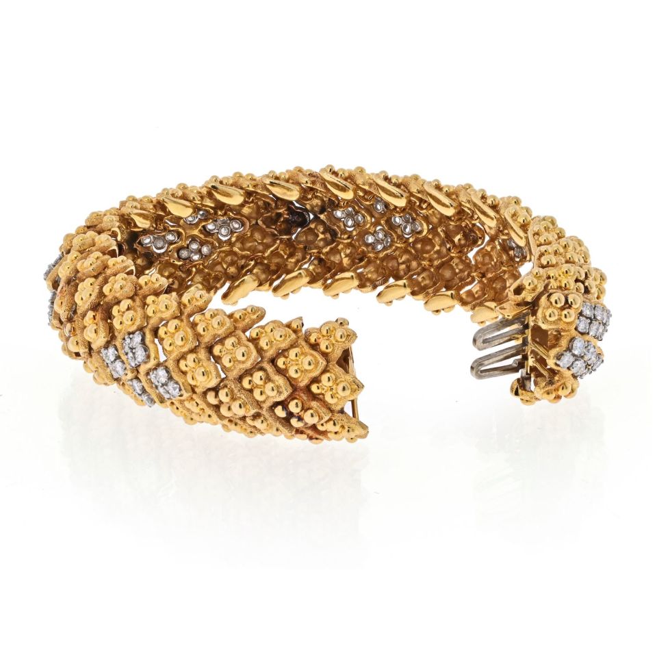 David Webb Platinum & 18K Yellow Gold Warty Textured Diamond Sections Wide Bracelet - The Back Vault