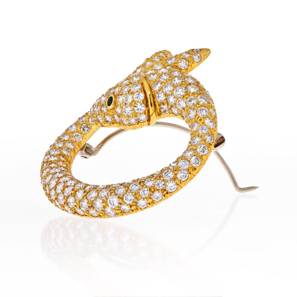 Estate 18K Yellow Gold 8 Carat Pave Set Diamond Koi Fish Brooch - The Back Vault