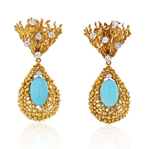 18K Yellow Gold 1970's Turquoise And Diamond Dangling Earrings