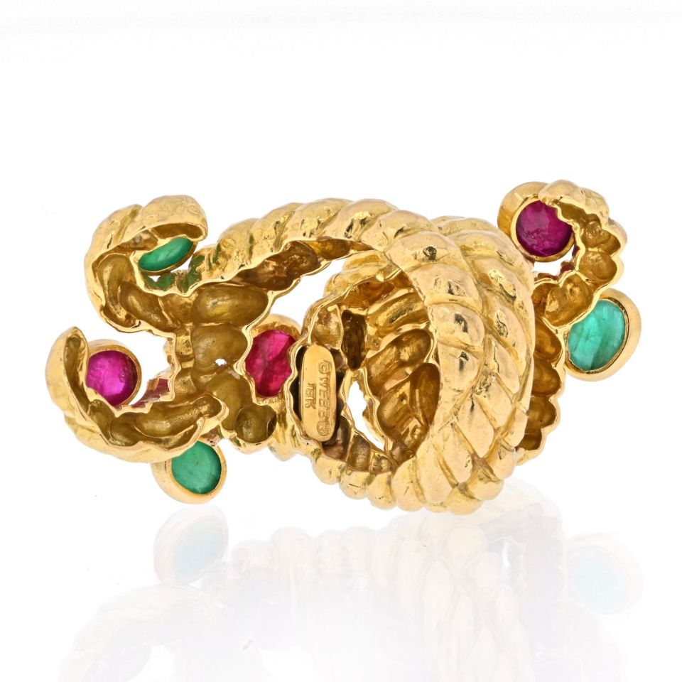 David Webb Yellow Gold Cabochon Ruby, Green Emerald Serpent Ring - The Back Vault