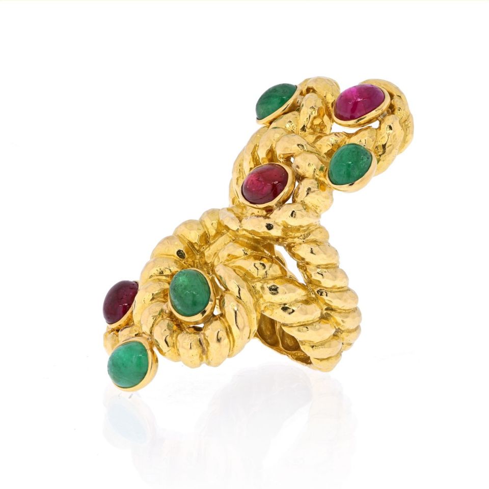 David Webb Yellow Gold Cabochon Ruby, Green Emerald Serpent Ring - The Back Vault