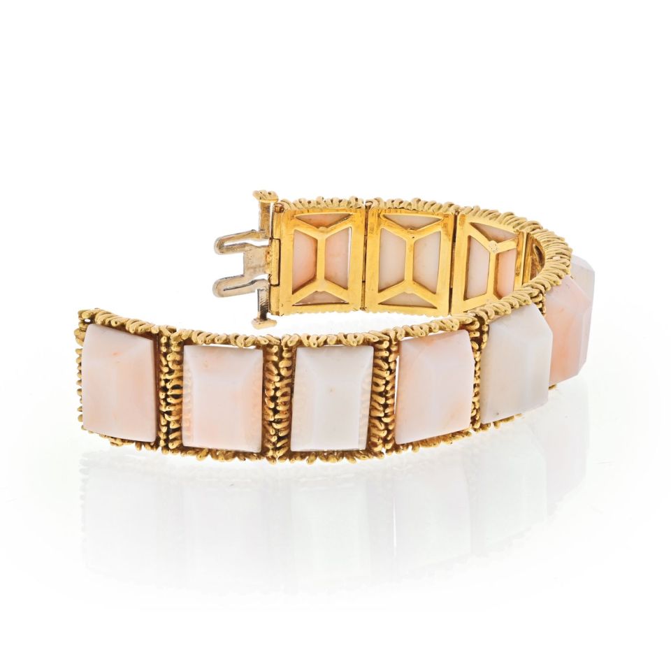 Tiffany & Co. 18K Yellow Gold Light Pink Coral Textured Semi Flex Vintage Bracelet - The Back Vault