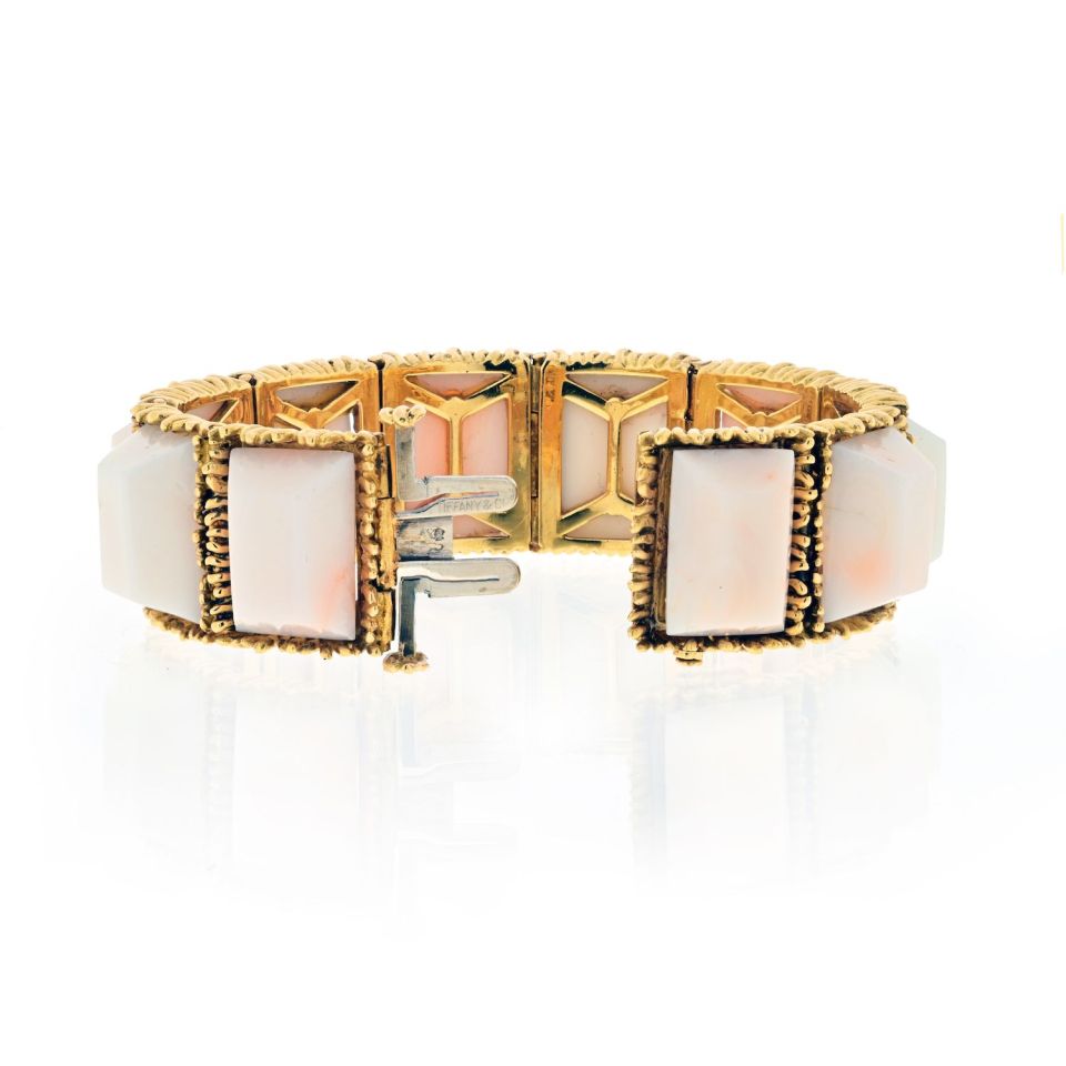 Tiffany & Co. 18K Yellow Gold Light Pink Coral Textured Semi Flex Vintage Bracelet - The Back Vault