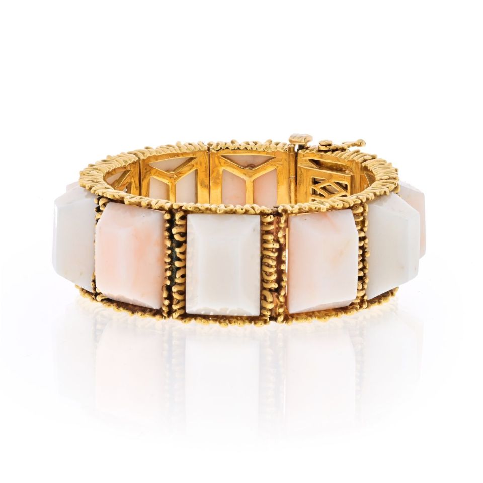 Tiffany & Co. 18K Yellow Gold Light Pink Coral Textured Semi Flex Vintage Bracelet - The Back Vault