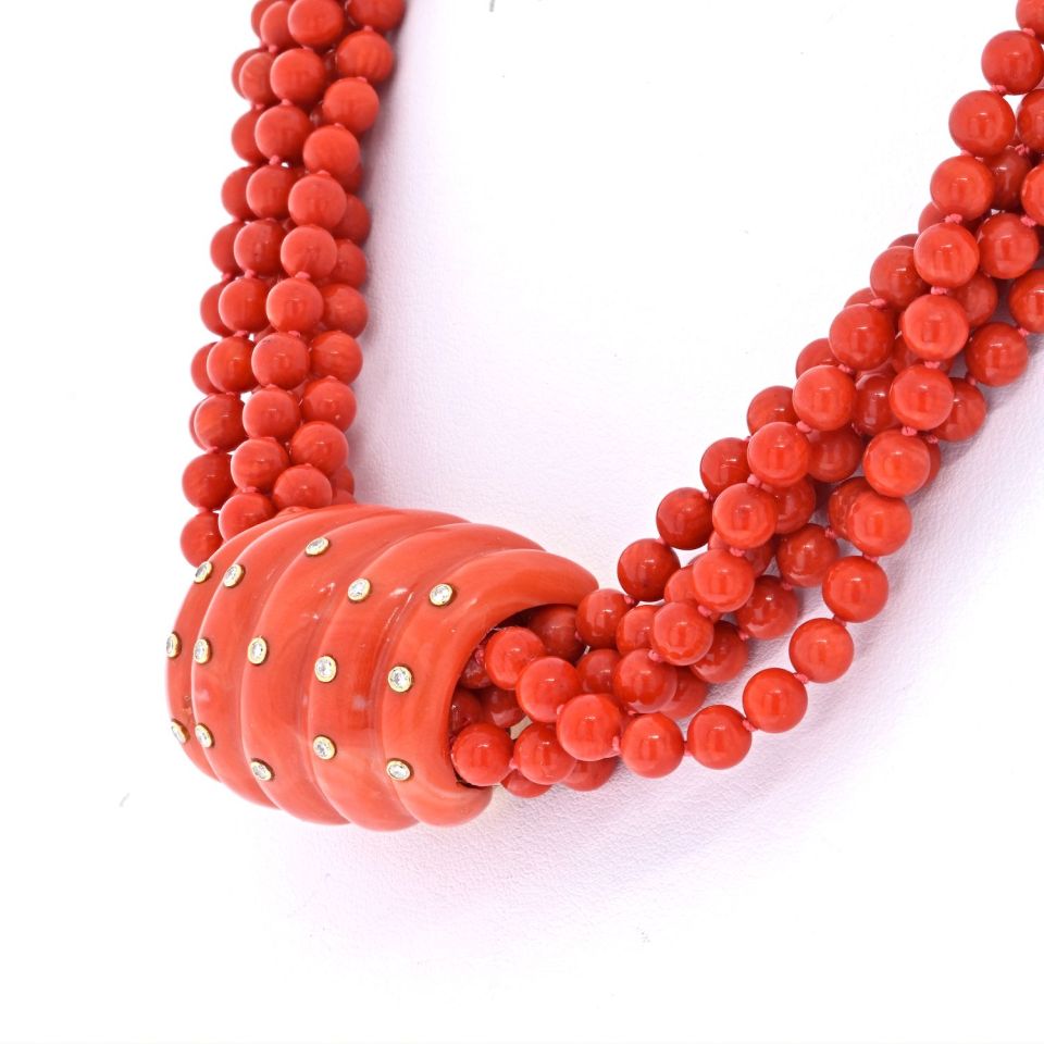 Seaman Schepps 18K Yellow Gold Six Strang Coral And Diamond Necklace - The Back Vault