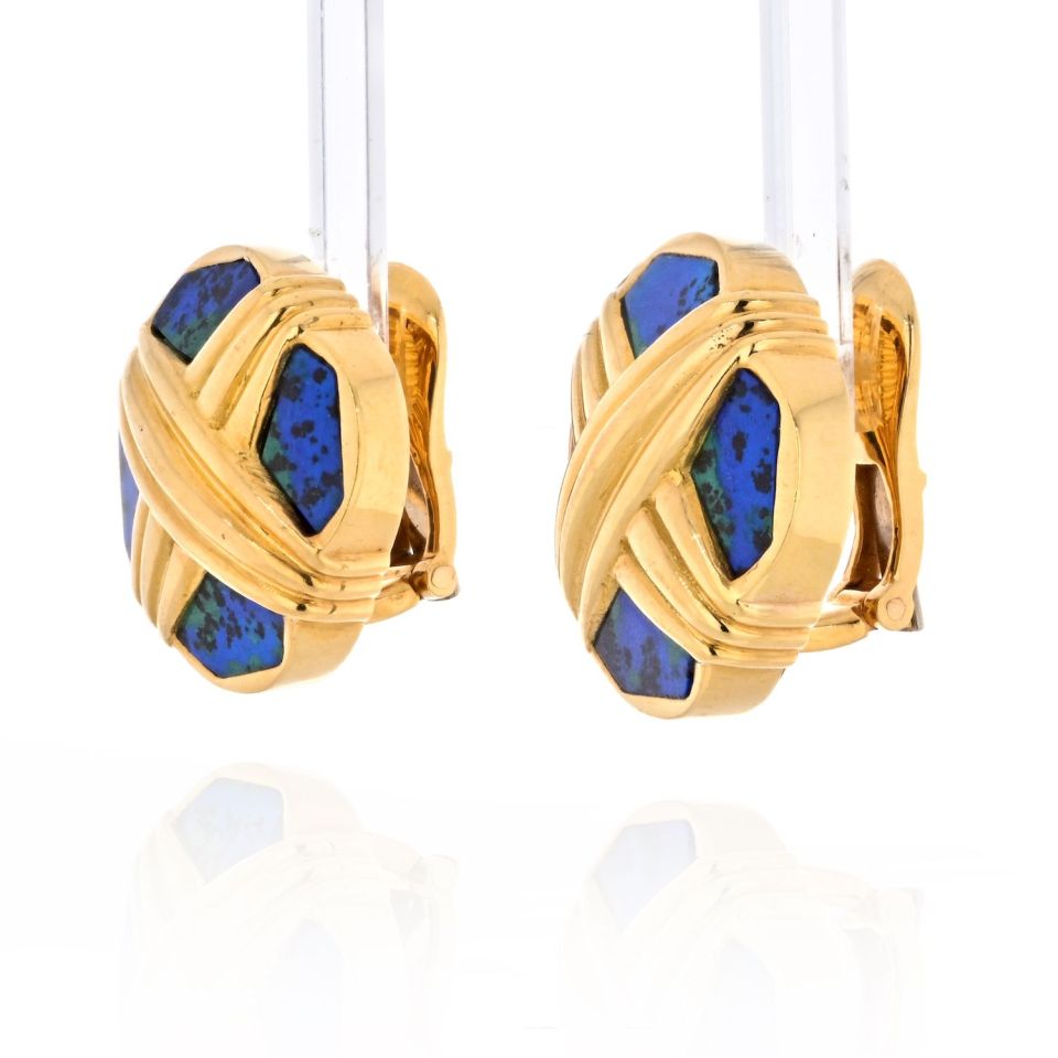 David Webb Platinum & 18K Yellow Gold Azurmalachite Earrings - The Back Vault