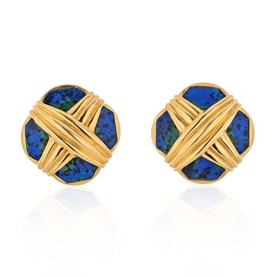 David Webb Platinum & 18K Yellow Gold Azurmalachite Earrings - The Back Vault