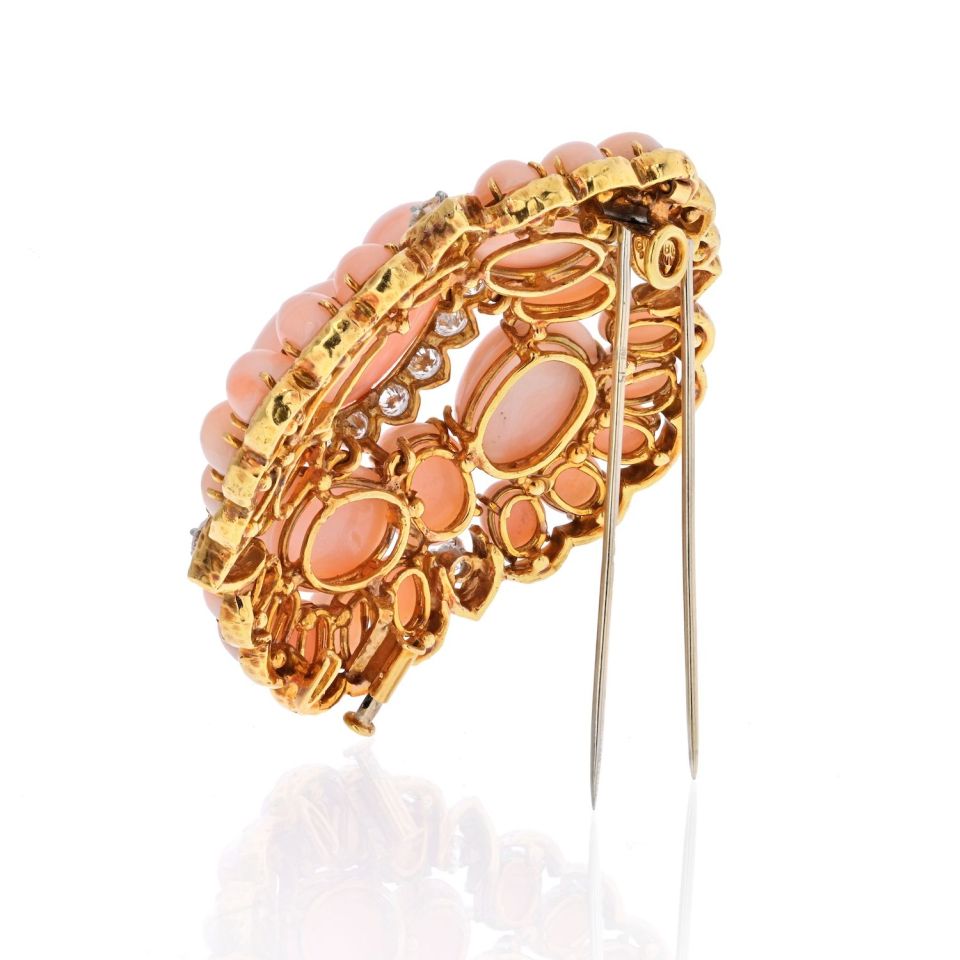 David Webb 18K Yellow Gold Pink Coral Cluster And Diamond Brooch - The Back Vault