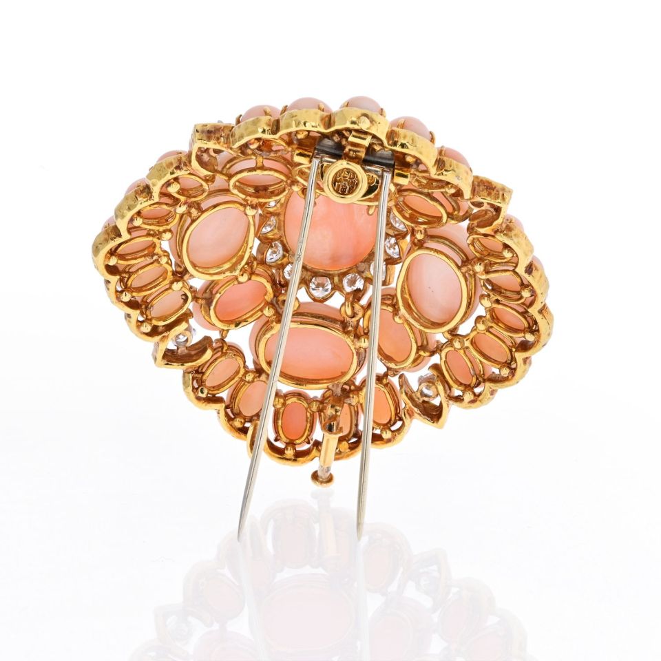 David Webb 18K Yellow Gold Pink Coral Cluster And Diamond Brooch - The Back Vault