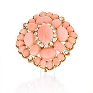 David Webb 18K Yellow Gold Pink Coral Cluster And Diamond Brooch