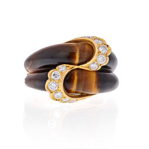 Van Cleef & Arpels 18K Yellow Gold Tiger Eye Vintage Scalloped Diamond Ring