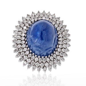 18K White Gold Blue Cabochon Carved Sapphire And Diamond Ring