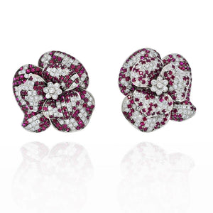 18K White Gold Pave Diamond And Ruby Flower Earrings