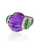 David Webb Platinum & 18K Yellow Gold Carved Smooth Purple Amethyst, Green Enamel And Diamond Ring - The Back Vault