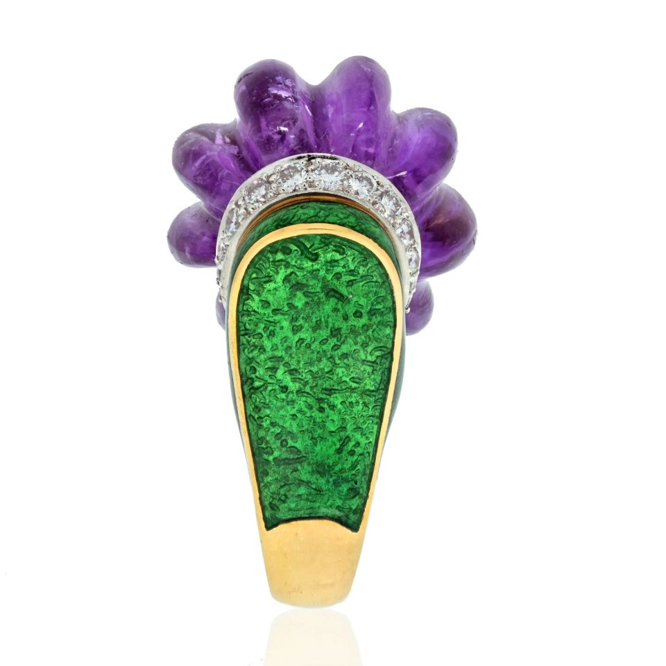 David Webb Platinum & 18K Yellow Gold Carved Smooth Purple Amethyst, Green Enamel And Diamond Ring - The Back Vault