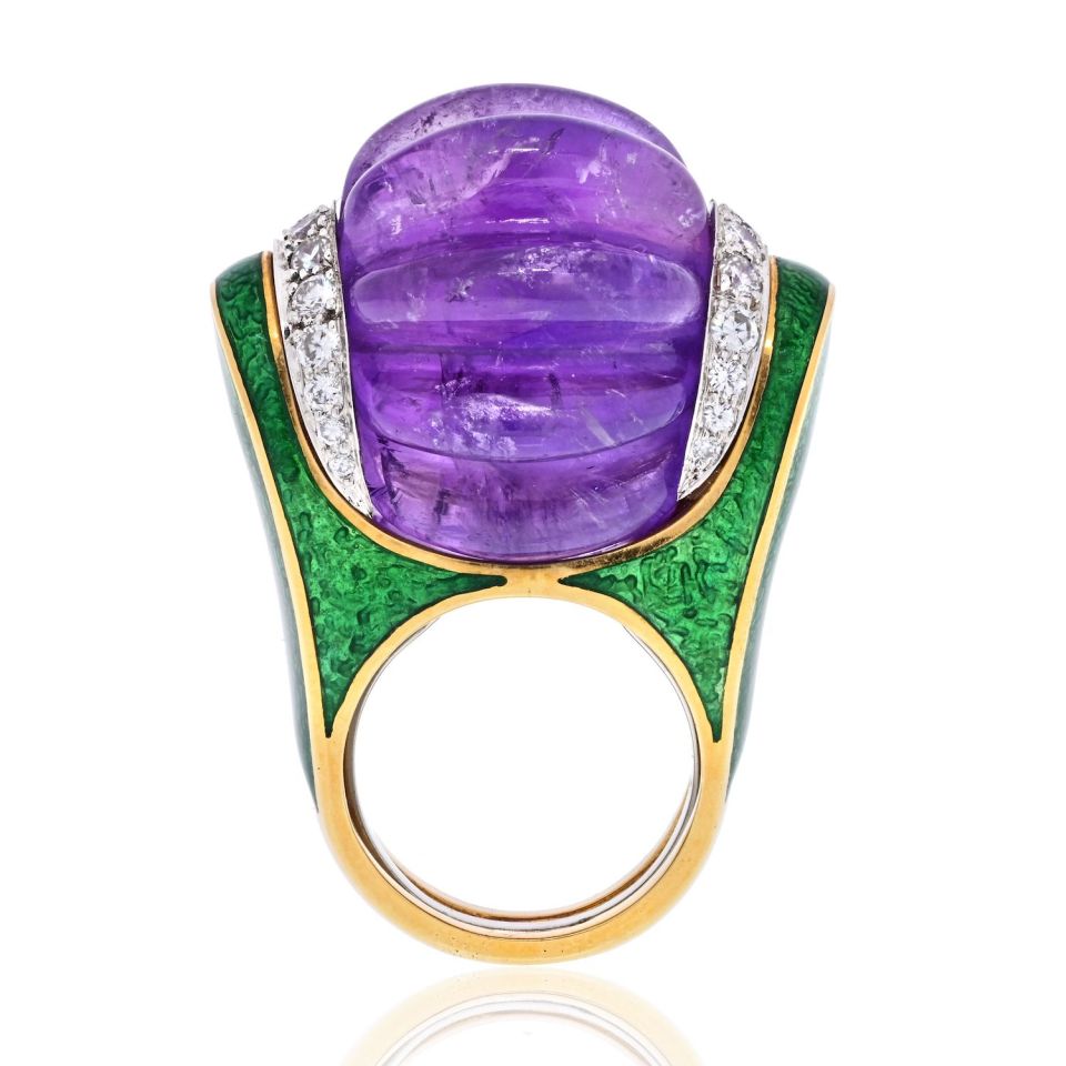 David Webb Platinum & 18K Yellow Gold Carved Smooth Purple Amethyst, Green Enamel And Diamond Ring - The Back Vault