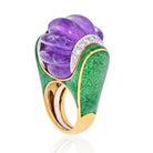 David Webb Platinum & 18K Yellow Gold Carved Smooth Purple Amethyst, Green Enamel And Diamond Ring - The Back Vault