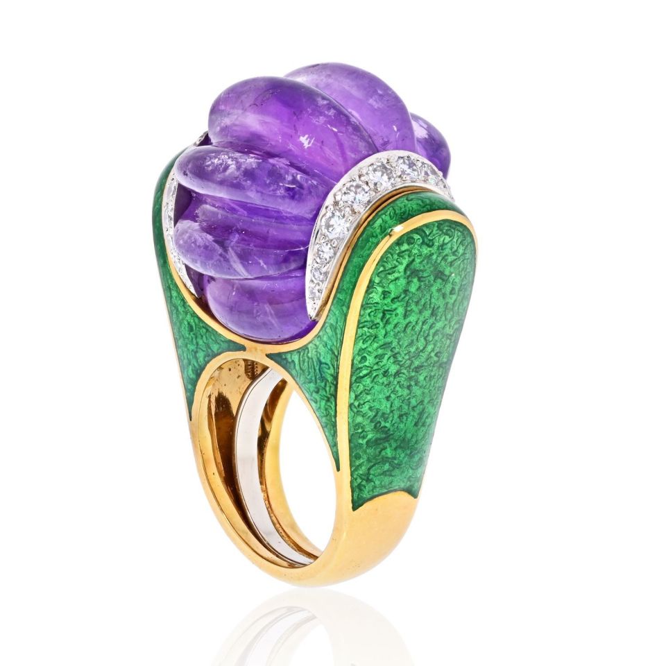 David Webb Carved Smooth Purple Amethyst, Green Enamel And Diamond Ring - The Back Vault