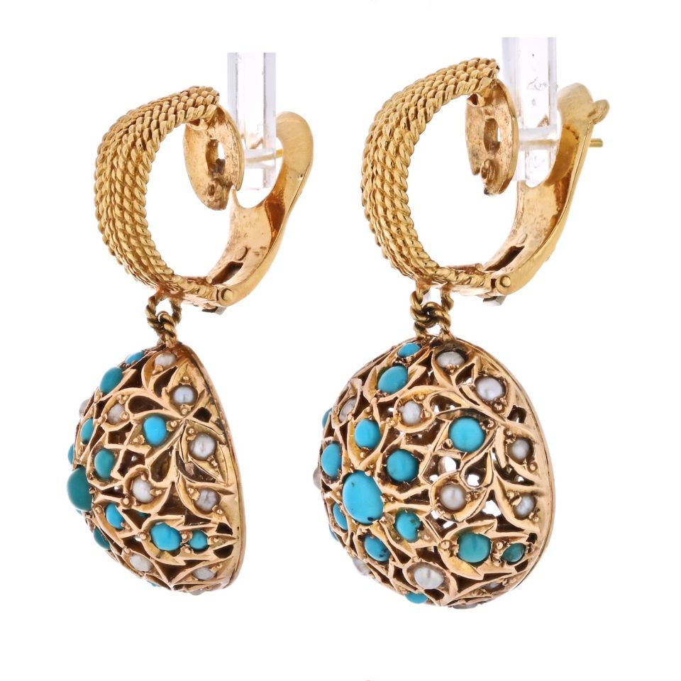 Van Cleef & Arpels 18K Yellow Gold 1960's Turquoise Pearl Drop Dangle Earrings - The Back Vault