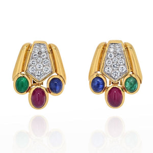 David Webb Cabochon Sapphire, Emerald And Ruby Bear Paw Earrings