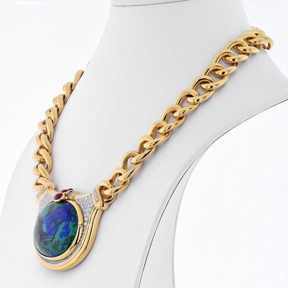 David Webb Platinum & 18K Yellow Gold Azurmalachite And Diamond Chain Link Necklace - The Back Vault