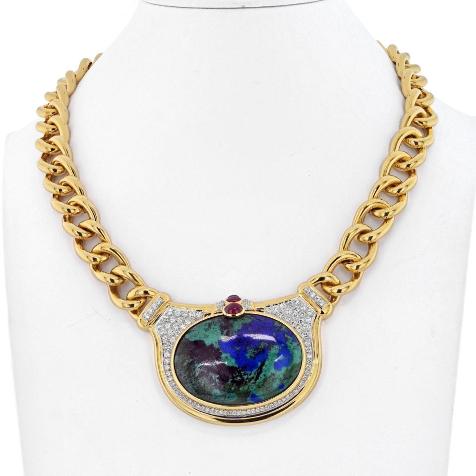 David Webb Platinum & 18K Yellow Gold Azurmalachite And Diamond Chain Link Necklace - The Back Vault