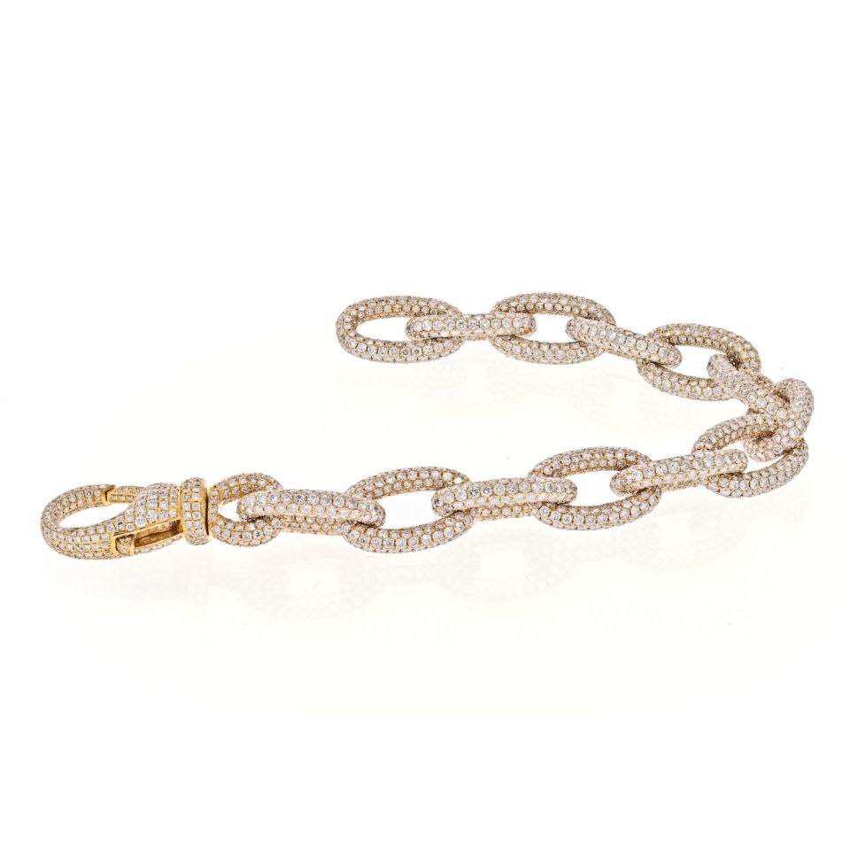 18K Yellow Gold 35 Carat Pave Oval Link Diamond Chain Bracelet - The Back Vault