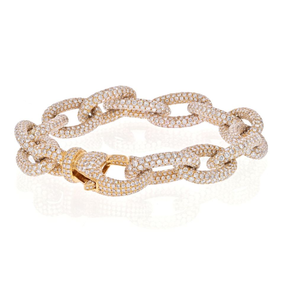 18K Yellow Gold 35 Carat Pave Oval Link Diamond Chain Bracelet - The Back Vault