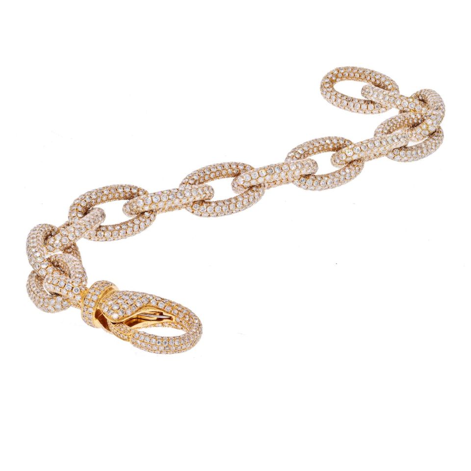 18K Yellow Gold 35 Carat Pave Oval Link Diamond Chain Bracelet - The Back Vault