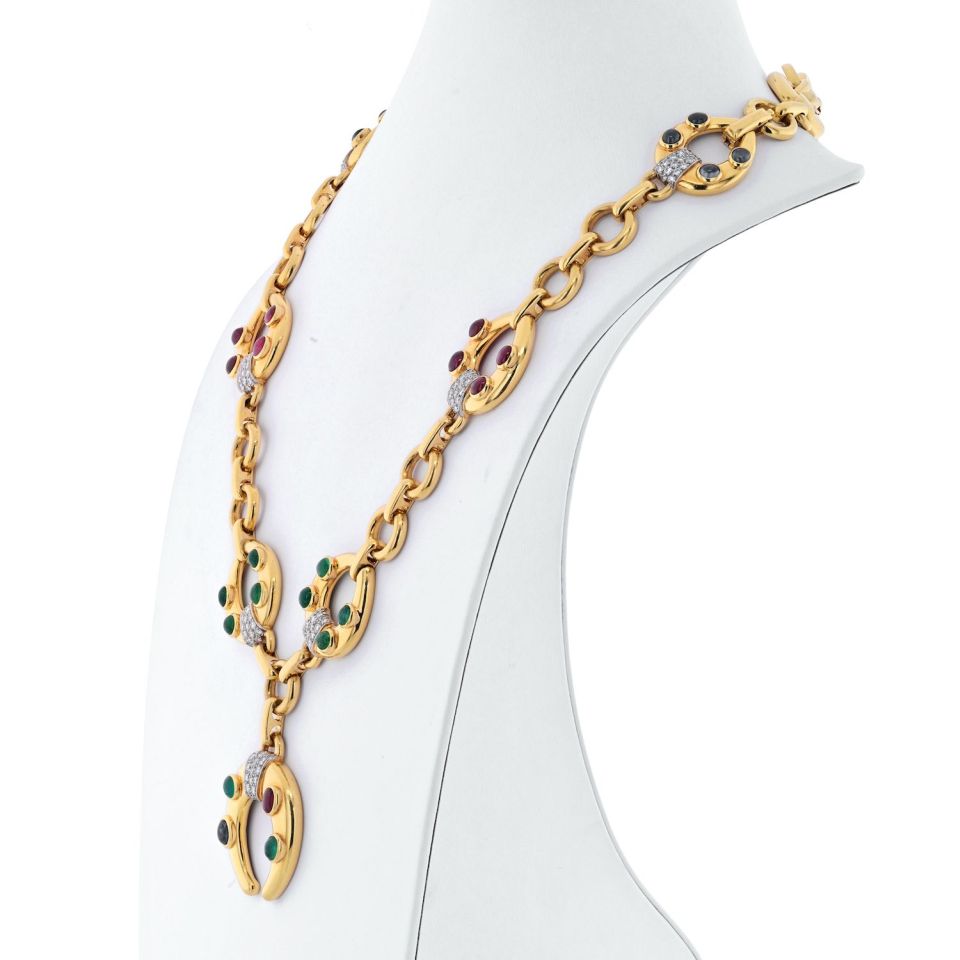 David Webb 18K Yellow Gold Celtic Crescent Emerald, Ruby And Diamond Chain Necklace - The Back Vault