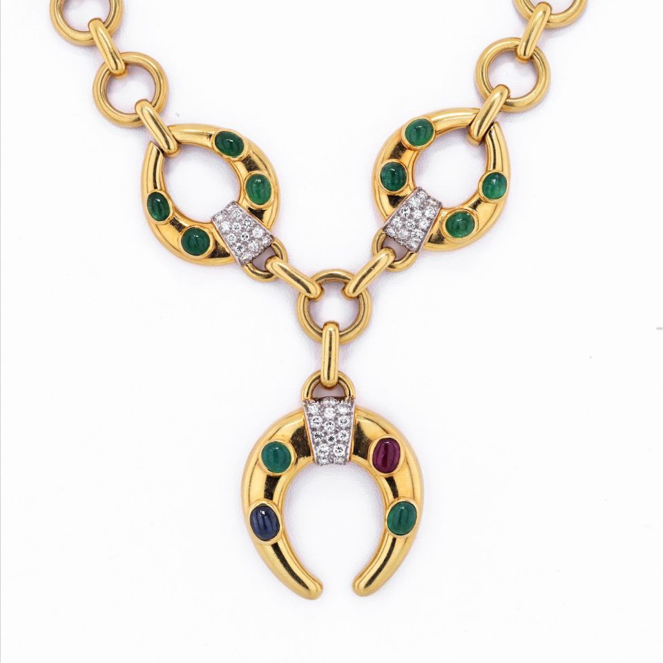 David Webb 18K Yellow Gold Celtic Crescent Emerald, Ruby And Diamond Chain Necklace - The Back Vault