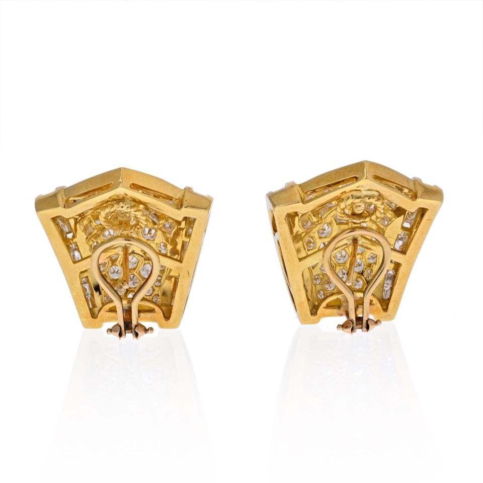 18K Yellow Gold Estate Cluster 14.00cts Baguette Round Diamond Earrings - The Back Vault